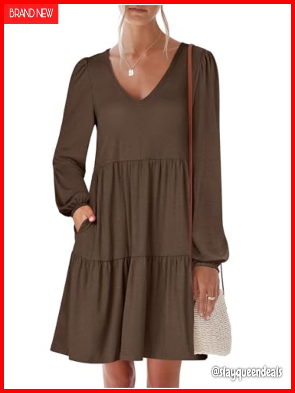 Womens Fall Long Sleeve V Neck Casual Mini Dress